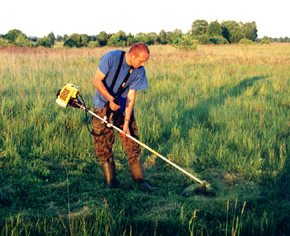 Ochotnik „Salamandry” podczas wykaszania łąk w łowisku dzierzb