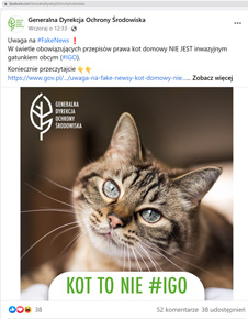 Wpis na profilu społecznościowym GDOŚ z 13 lipca 2022 r. oraz fragment dyskusji pod tym wpisem – wbrew faktom GDOŚ podkreśla, że kot domowy nie jest inwazyjnym gatunkiem obcym